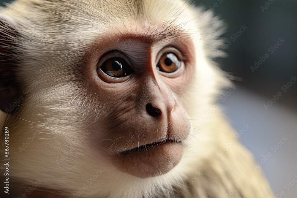 Poster a close up of a monkey's face with a blurry background. generative ai