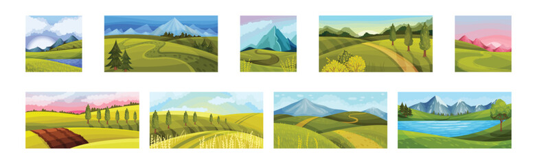 Green Summer Landscape with Field, Hills and Mountains Vector Set