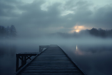 Foggy sunrise near the lake. Misty lake in the early morning. fog in the morning forest. The wooden bridge is a foreground. 
