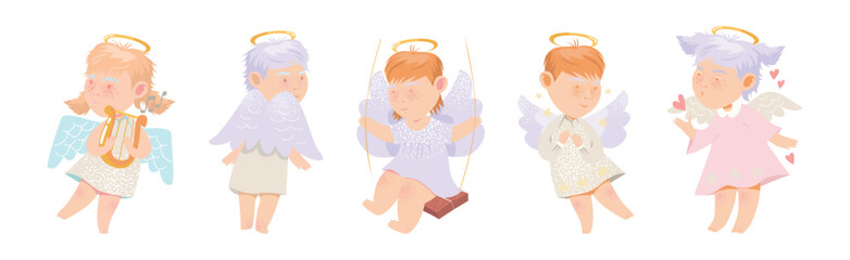 Cute Baby Angel Character with Wing and Nimbus Vector Set
