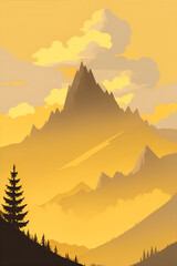Misty mountains at sunset in yellow tone, vertical composition