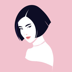 The face of a young Asian woman. Portrait of fashion model. Vector flat Illustration