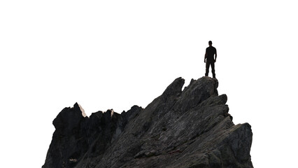 Adventure Man Hiker standing on top of Mountain Peak. Cutout on White Background. 3d Rendering. PNG