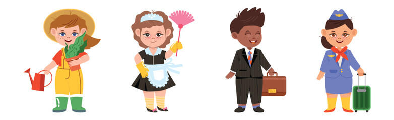 Kids in Professional Uniform for Different Job Vector Set