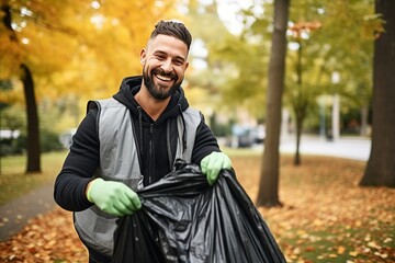 smile volunteer person holding thrash plastic bag in a park
