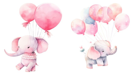Pink cute little elephant floating in the air with balloons. Baby girl Newborn or baptism invitation. children's book illustration style on transparent background