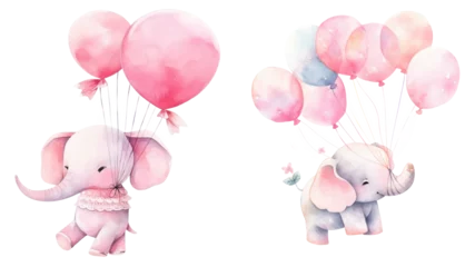 Tuinposter Olifant Pink cute little elephant floating in the air with balloons. Baby girl Newborn or baptism invitation. children's book illustration style on transparent background