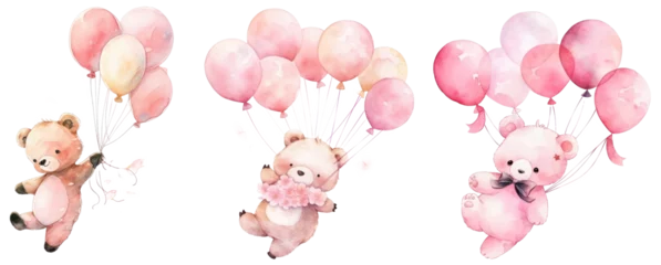 Muurstickers Pink cute teddy bear floating in the air with balloons. Baby girl Newborn or baptism invitation. children's book illustration style on transparent background © Mrs__DoubleF