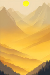 Misty mountains at sunset in yellow tone, vertical composition