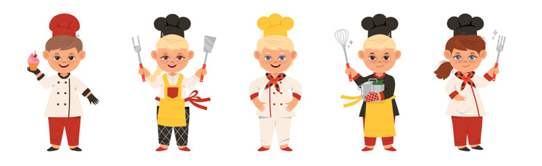 Little Children Chef Character in Toque and Uniform Cooking Meal Vector Set