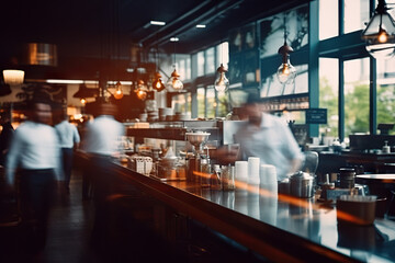 Bustling Cafe Ambiance: Blurred Coffee Shop with Chefs, Waiters, and Patrons in Action. created with Generative AI