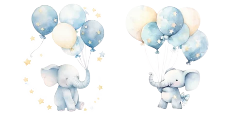 Foto op Aluminium Olifant Light blue cute little elephant floating in the air with balloons. Baby Boy Newborn or baptism invitation. children's book illustration style on transparent background