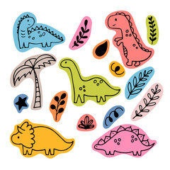 Cute hand drawn dinosaurs and tropical plants. Dino collection for kids. Funny coloured characters set