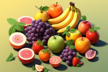 A playful isometric view of fruits, adding depth to their appeal