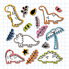Cute hand drawn dinosaurs and tropical plants. Stickers. Funny characters set. Dino collection for kids