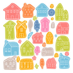 Set of coloured hand drawn houses. Collection of sketched buildings. Doodle style