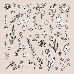 Set of hand drawn floral design elements. Doodle. Flowers, branches, ribbons, stars. Rustic decor elements