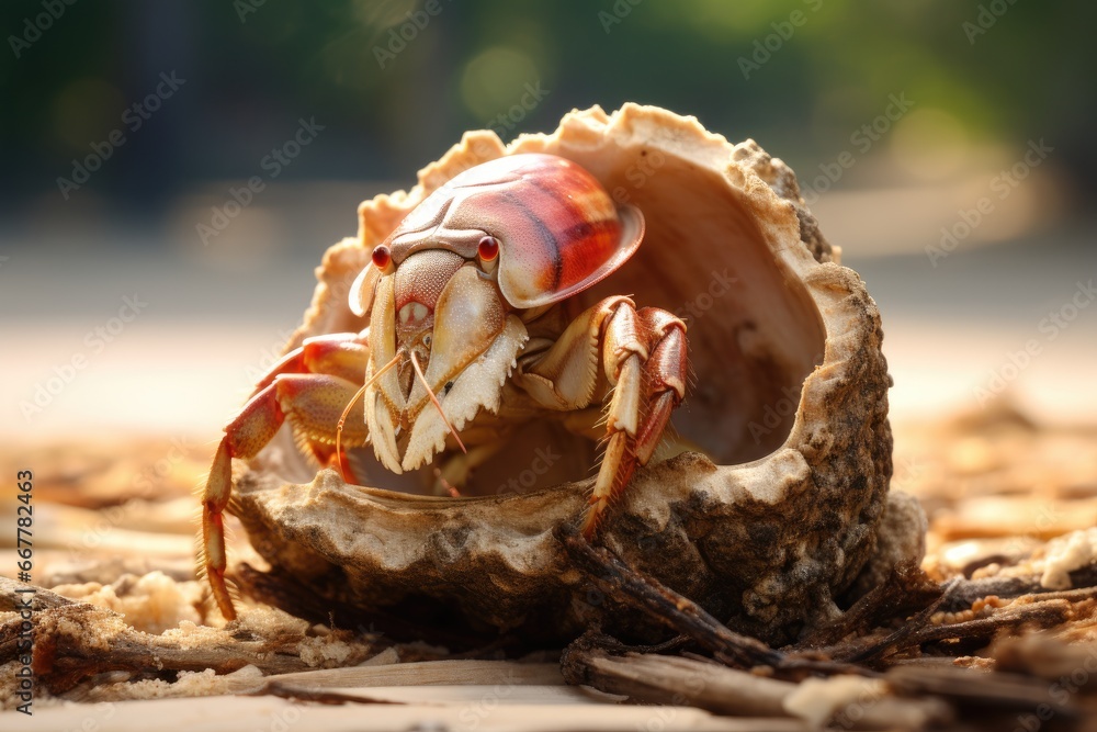 Poster a close up of a crab in a shell on the ground. generative ai
