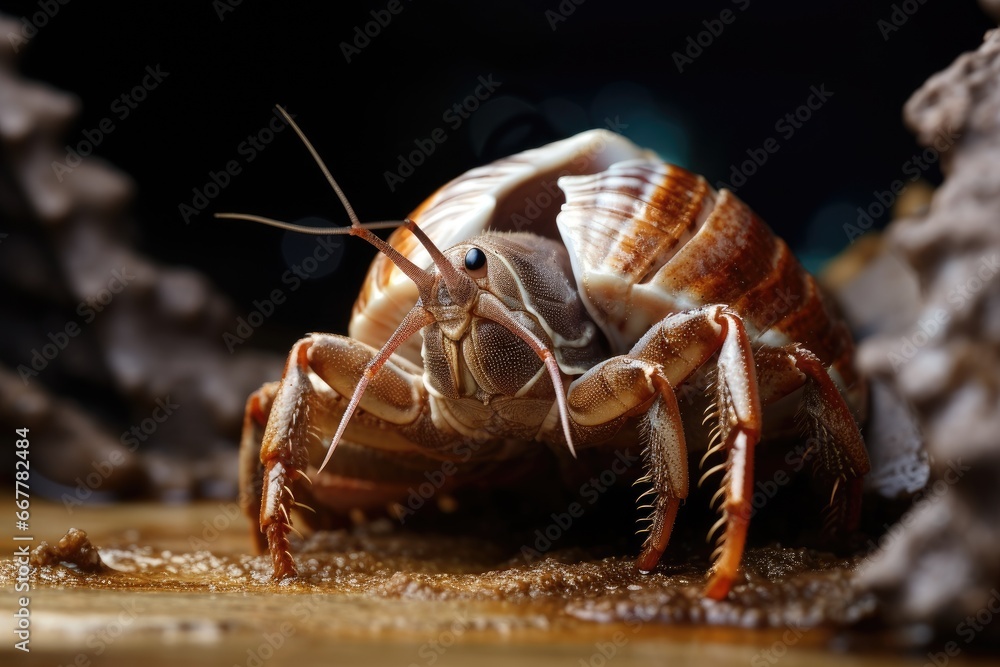 Poster a close up of a bug on a wooden surface with a blurry background. generative ai