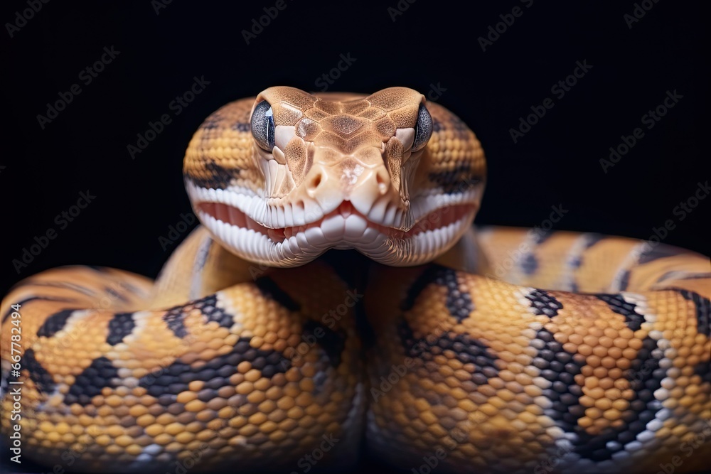 Poster a close up of a snake with its mouth open and tongue out. generative ai