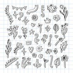 Set of hand drawn floral design elements. Flowers, branches, stars. Rustic decor elements. Doodle stickers