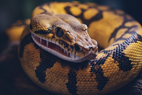  a yellow and black snake with its mouth open and it's tongue out.  generative ai