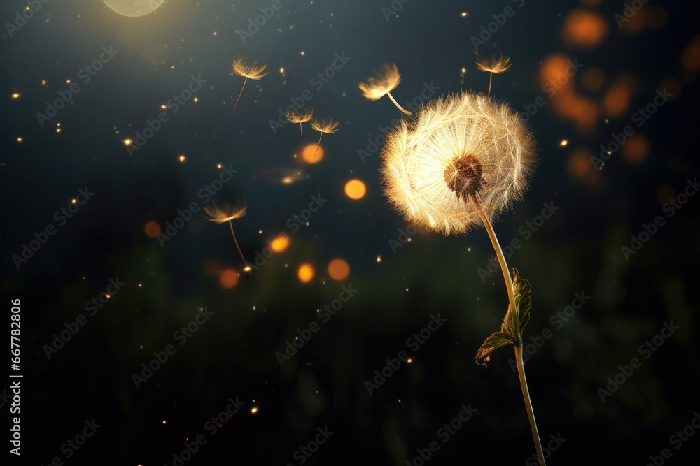Poster a dandelion blowing in the wind with a full moon in the background. generative ai