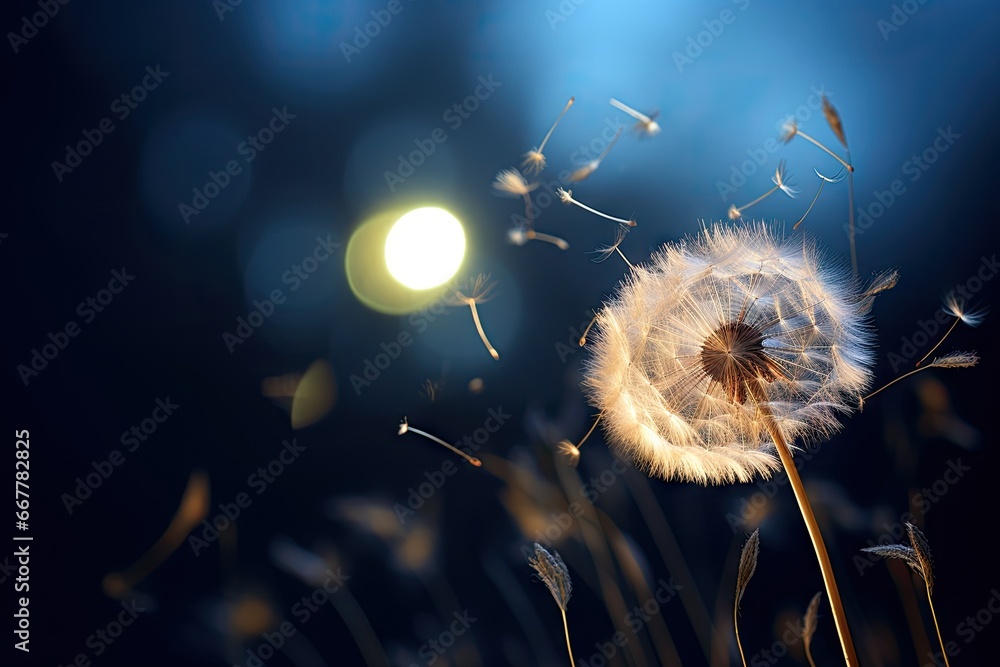 Poster a dandelion blowing in the wind with a bright light in the background. generative ai