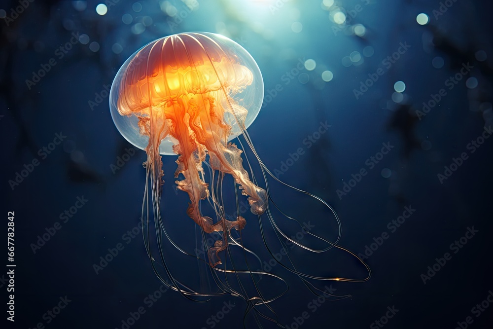 Poster a jellyfish floating in the ocean with its long, translucent tentacles trailing behind it its body i