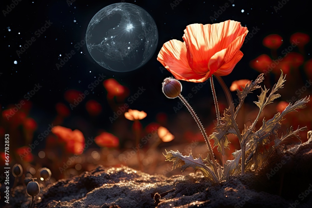 Poster a red flower sitting in the middle of a field next to a moon. generative ai