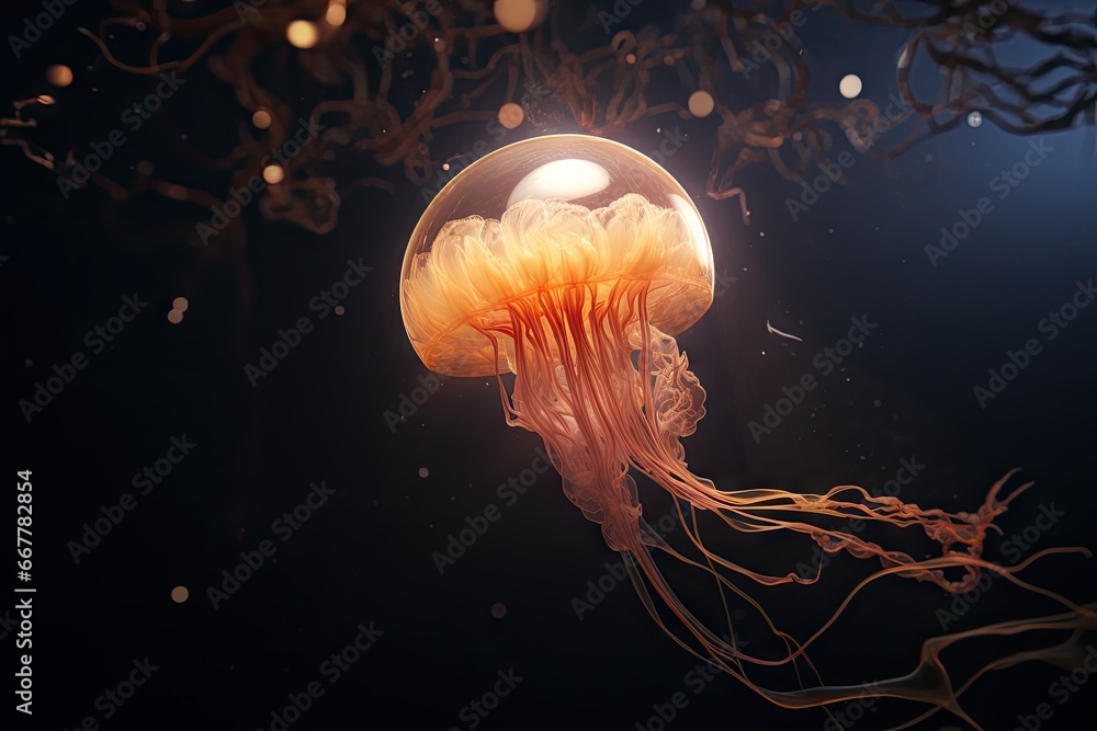Poster a yellow jellyfish floating in a dark sea with a moon in the background. generative ai