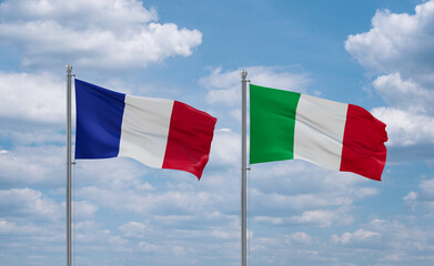 Italy and France flags, country relationship concept