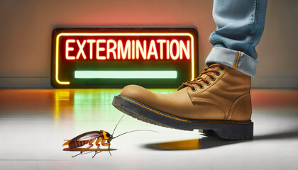 Cockroach extermination and pest control concept, a man stepping on a cockroach with neon sign in the background