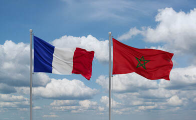 Morocco and France flags, country relationship concept