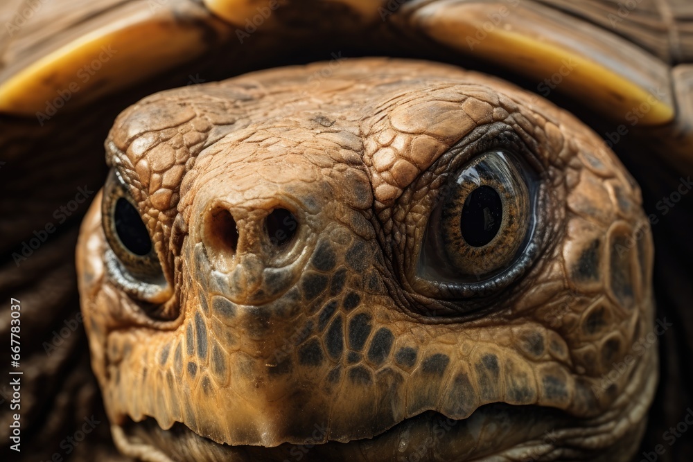 Poster a close up of a turtle's face with a banana on top of it. generative ai