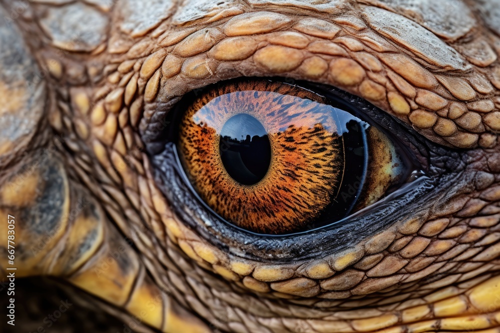 Poster a close up of a turtle's eye with a reflection of the eye. generative ai