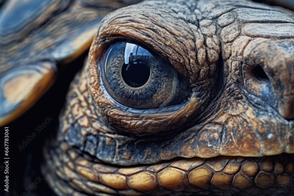 Poster a close up of a turtle's face with a very large eye. generative ai