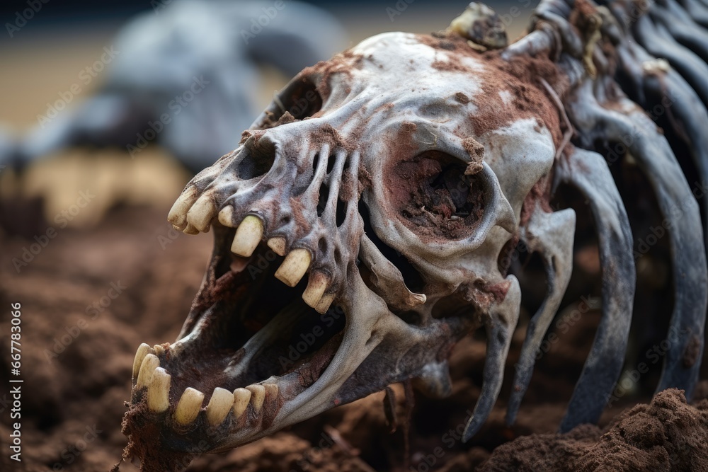 Poster a close up of a skeleton of a dinosaur in the dirt. generative ai