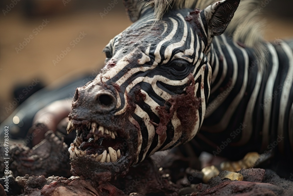 Poster a zebra with it's mouth open and it's teeth exposed. generative ai