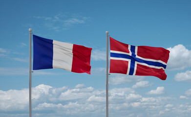 Norway and France flags, country relationship concept
