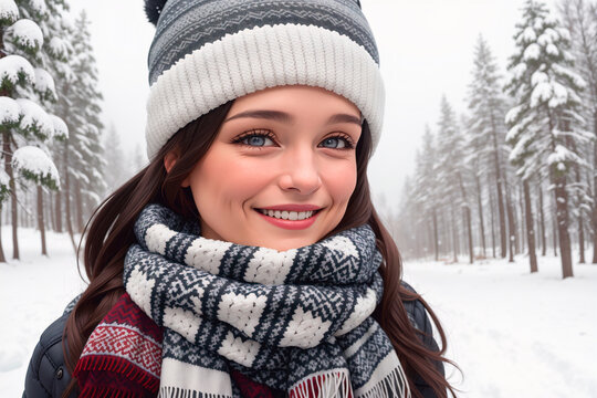 Portrait of a beautiful young woman in a winter hat and scarf