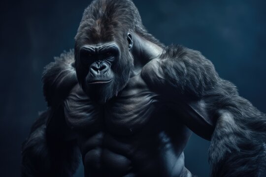  a gorilla standing in the dark with his hands on his head.  generative ai