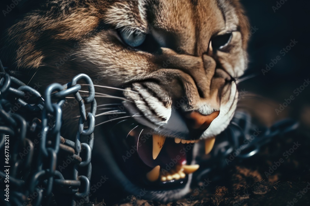 Poster a close up of a cat with a chain around it's neck. generative ai