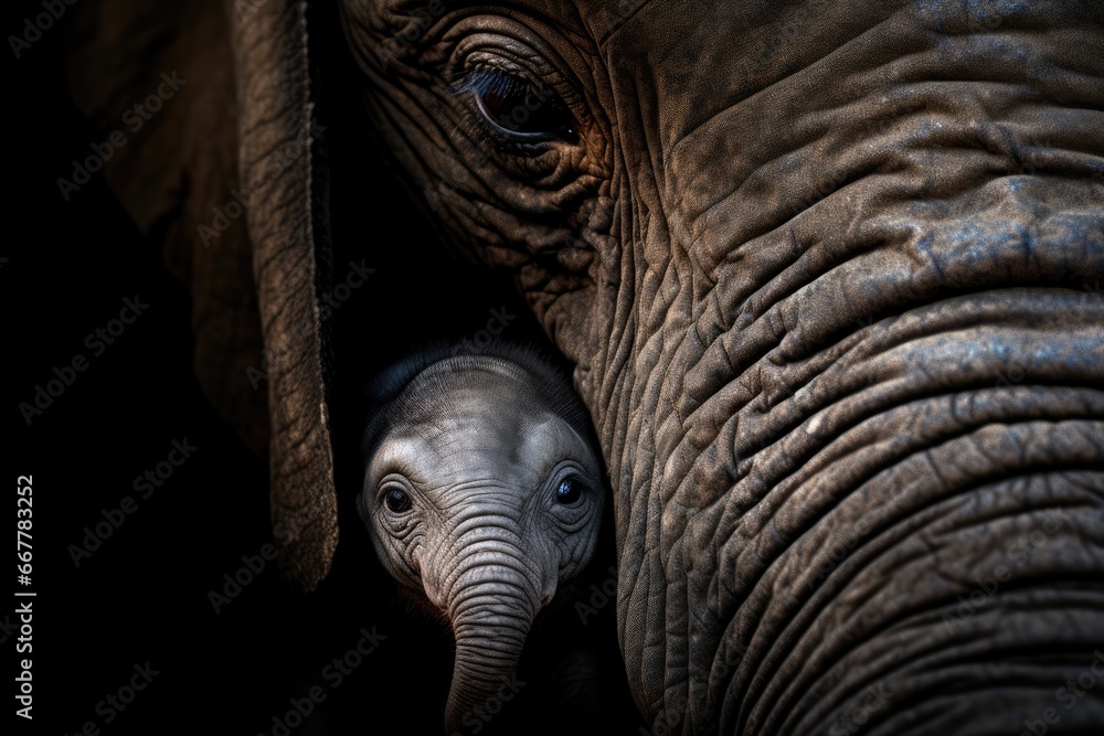 Poster a close up of an elephant's face and trunk. generative ai