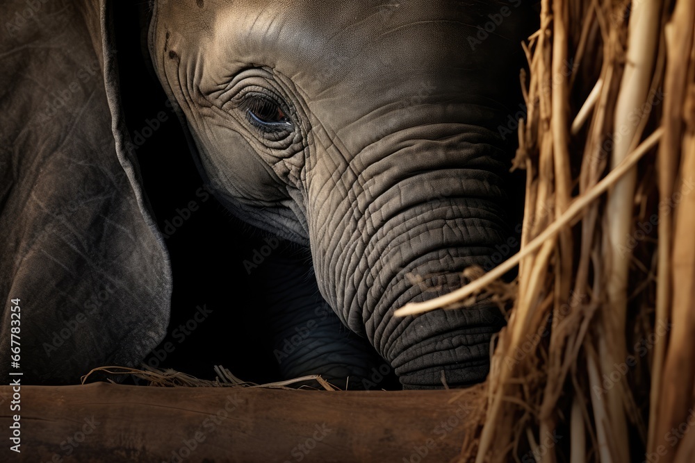 Poster a close up of an elephant's face and trunk. generative ai
