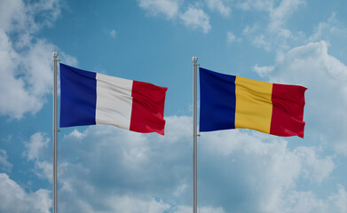 Romania and France flags, country relationship concept
