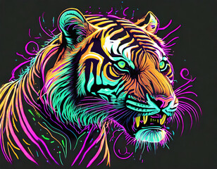 Portrait of a Tiger in neon colour in front of a black background.