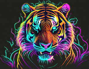 Portrait of a Tiger in neon colour in front of a black background.