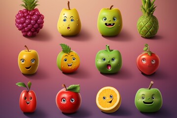 An array of fruit themed emojis for colorful and fun messaging - obrazy, fototapety, plakaty