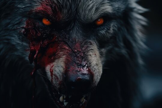  a close up of a wolf with blood on it's face.  generative ai